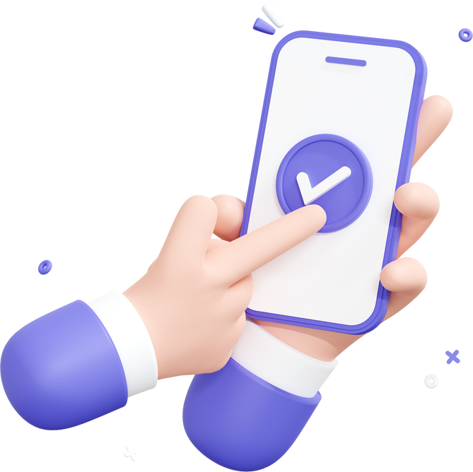 3D Hand holding mobile phone with Check mark